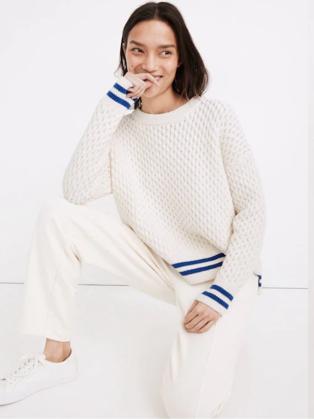 Madewell Cream Cable Knit Sweater with Blue Stripe Trim